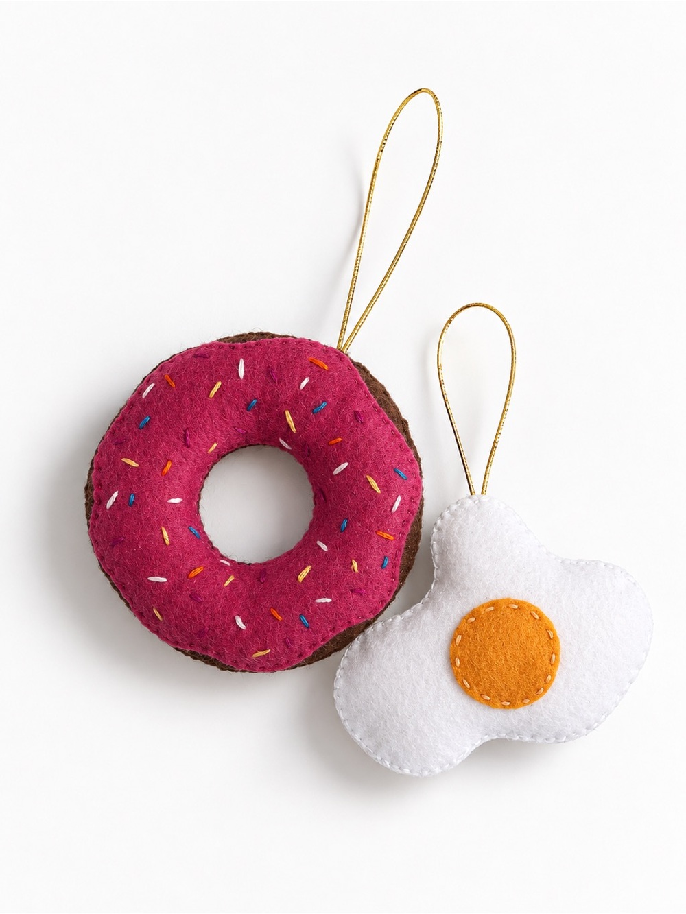 Felt Donut & Fried Egg Holiday Ornament Duo - Pink, White & Orange Christmas